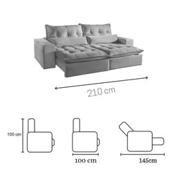Sofá Retrátil e Reclinável Leblon Tecido Veludo Cinza 2,10 M TNA Decor - 3