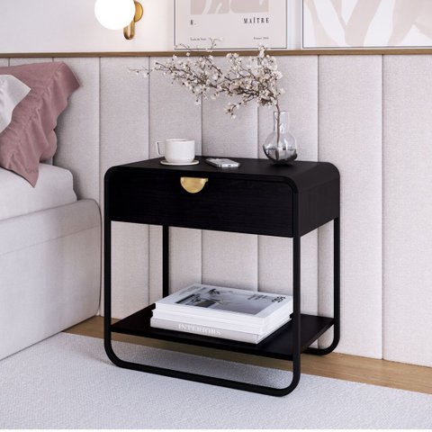 Mesa de Cabeceira Orgânica 60cm 1 Gaveta Pé Metal Luna Móvel na Caixa