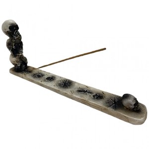 Incensário Régua 3 Crânios Patinado 26 cm em Resina