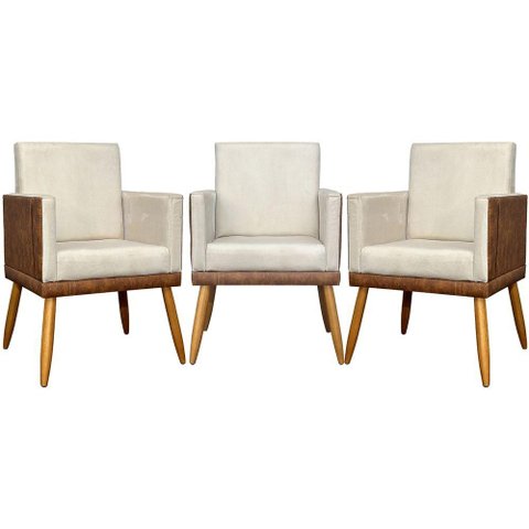 Kit 3 Poltronas Decorativas Lis Corino e Pé Palito - Bege Suede Corino