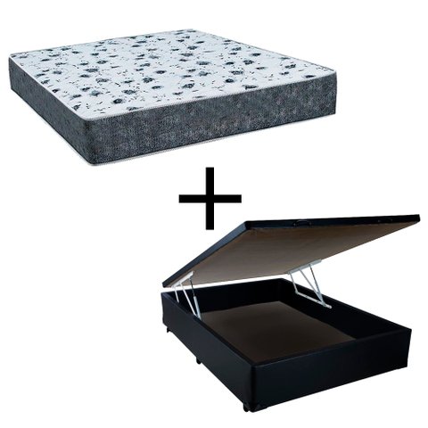 Cama Box Baú Viúva 128 Tecido Sintético Preto com Colchão Alegro Bello Box Espuma D28 Cinza 58x128x1