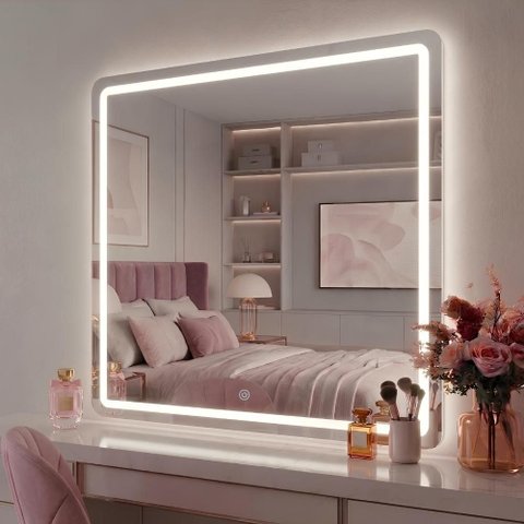 Espelho Quadrado Jateado 78 x 78 com LED para Penteadeira Quarto e Banheiro com Touch 3 Cores