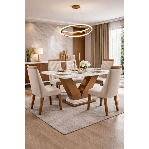 Conjunto de Jantar 6 Lugares 1,80 em Mdf Pérola - Domus