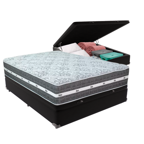 Cama Box Baú Preto e Colchão Black Graphite Molas Ensacadas Casal 138x188x32 Anjos
