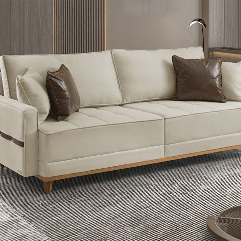 Sofá Fixo 6 Lugares M-203 2,60m Molas Bonnel Almofadas Soltas Linho Estofados Martins