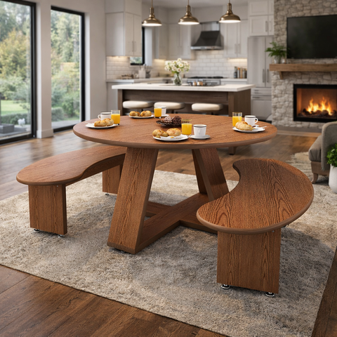 Mesa de Jantar Redonda com 2 Bancos Curvos Orgânico em Mdf