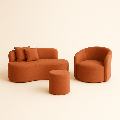 Conjunto 01 Poltrona + Sofá +1 Puff Curvo Orgânico Nature Gaia Suede Terracota - Montanaris Decor