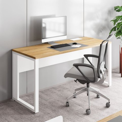 Mesa Plataforma Individual com Caixa de Tomadas Pés Metal 120cm Industrial Executive Macadâmia e Branco