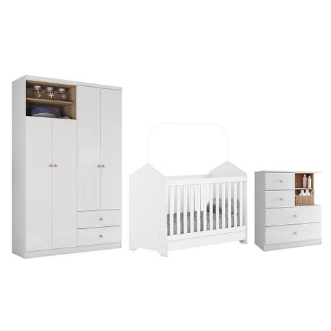 Dormitório Infantil Vanila com Guarda Roupa, Berço e Cômoda Branco/jequitibá - Móveis Henn