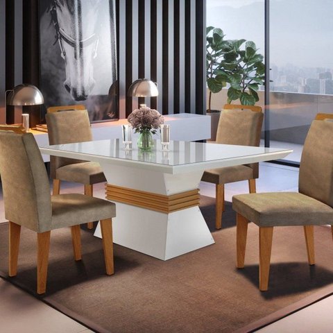 Conj Mesa Clarice 120 Tampo Vidro/MDF C Reto c/4 Cad Athenas Yescasa Bege/Animale Choco/Offwhite/Imb