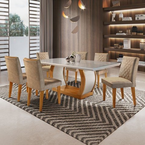 Conj Sala de Jantar Mesa Tampo de Vidro 6 Cad Luanda Yescasa Marrom/Animale Chocolat Offwhite/Imbuia