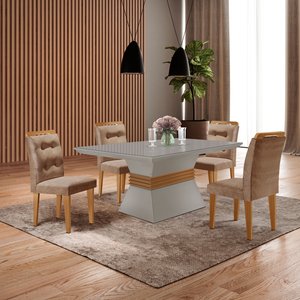 Conjunto Sala De Jantar Mesa Clarice 120X80Cm Tampo Vidro/Mdf Canto Reto Com 4 Cadeiras Valentina