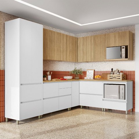 Cozinha Modulada 9 Peças Canto 12 Portas e 8 Gavetas Ripado Rainha 100 Mdf