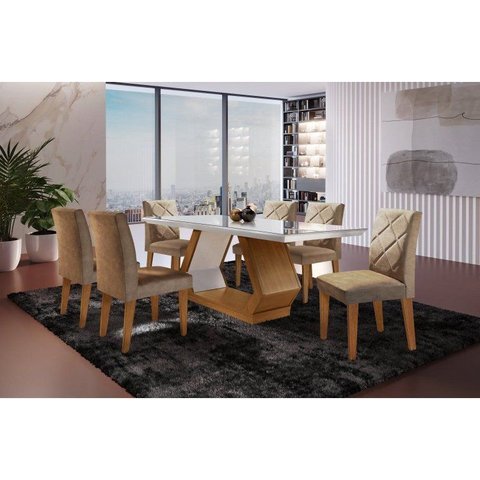 Conjunto Sala de Jantar Mesa Islandia 180x80cm Tampo Vidro/MDF Canto Reto com 6 Cadeiras Irlanda