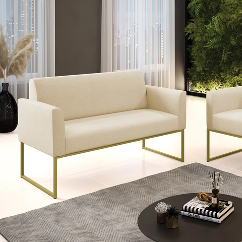 Namoradeira Sofá 2 Lugares Marisa Linho Bege Base Industrial Metálica Dourado - D’Rossi