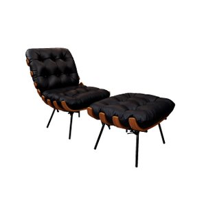 Poltrona com Puff de Couro Costela - Preto com Brilho - Mempra