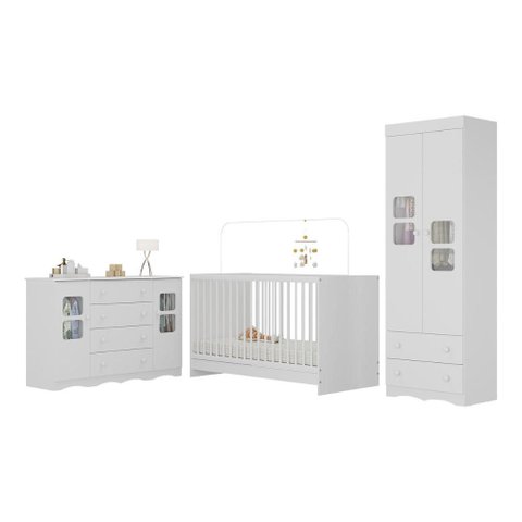 Quarto de Bebê Completo com Berço 3 em 1 para Colchão 130x60cm Serena Multimóveis Mp4531 Branco