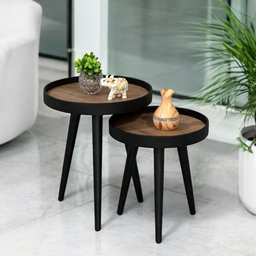Mesa Lateral Pé Palito Decorativa Redonda Preta Sala Estar:preta C/ Tampos Madeirado - 2