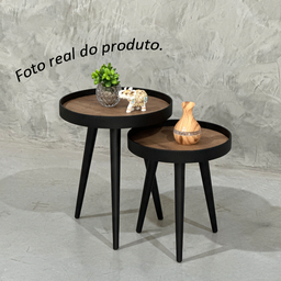 Mesa Lateral Pé Palito Decorativa Redonda Preta Sala Estar:preta C/ Tampos Madeirado - 3