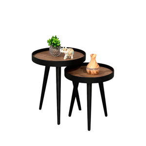 Mesa Lateral Pé Palito Decorativa Redonda Preta Sala Estar:preta C/ Tampos Madeirado