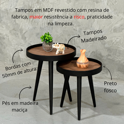 Mesa Lateral Pé Palito Decorativa Redonda Preta Sala Estar:preta C/ Tampos Madeirado - 7