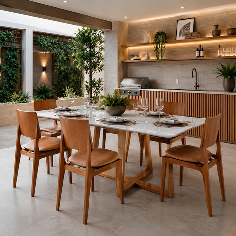 Conjunto Mesa Retangular 120x80cm + 6 Cadeiras Lugares Vidro Sala Jantar Varanda Espaço:Corino Marro