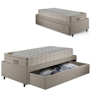 Base Box Cama Solteirão Sapateira Linho Bege e Colchão Airtech Ortobom 96x203