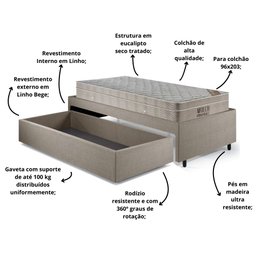 Base Box Cama Solteirão Sapateira Linho Bege e Colchão Airtech Ortobom 96x203 - 9