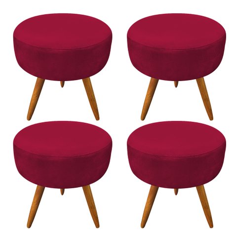 Kit 4 Puffs Banqueta Redonda Nina Suede Vermelho Pés Palito Castanho - Pallazio