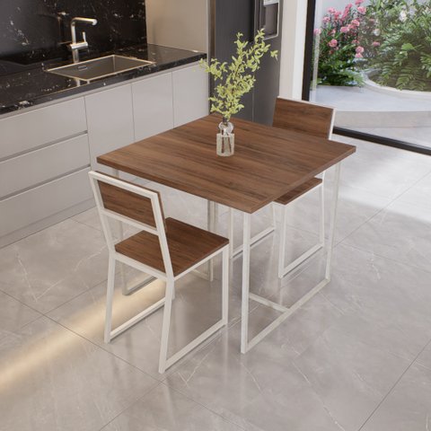 Conjunto Mesa de Jantar Quadrada 2 Cadeiras Imbuia Riviera Industrial Branco Don Castro Decor Rivier