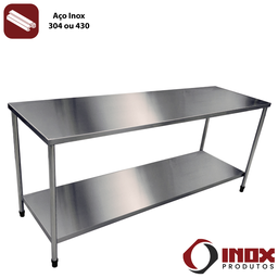 Mesa Inox com Prateleira Lisa - Modelo 01- Inox 304 - 200x70x90 Cm - 2