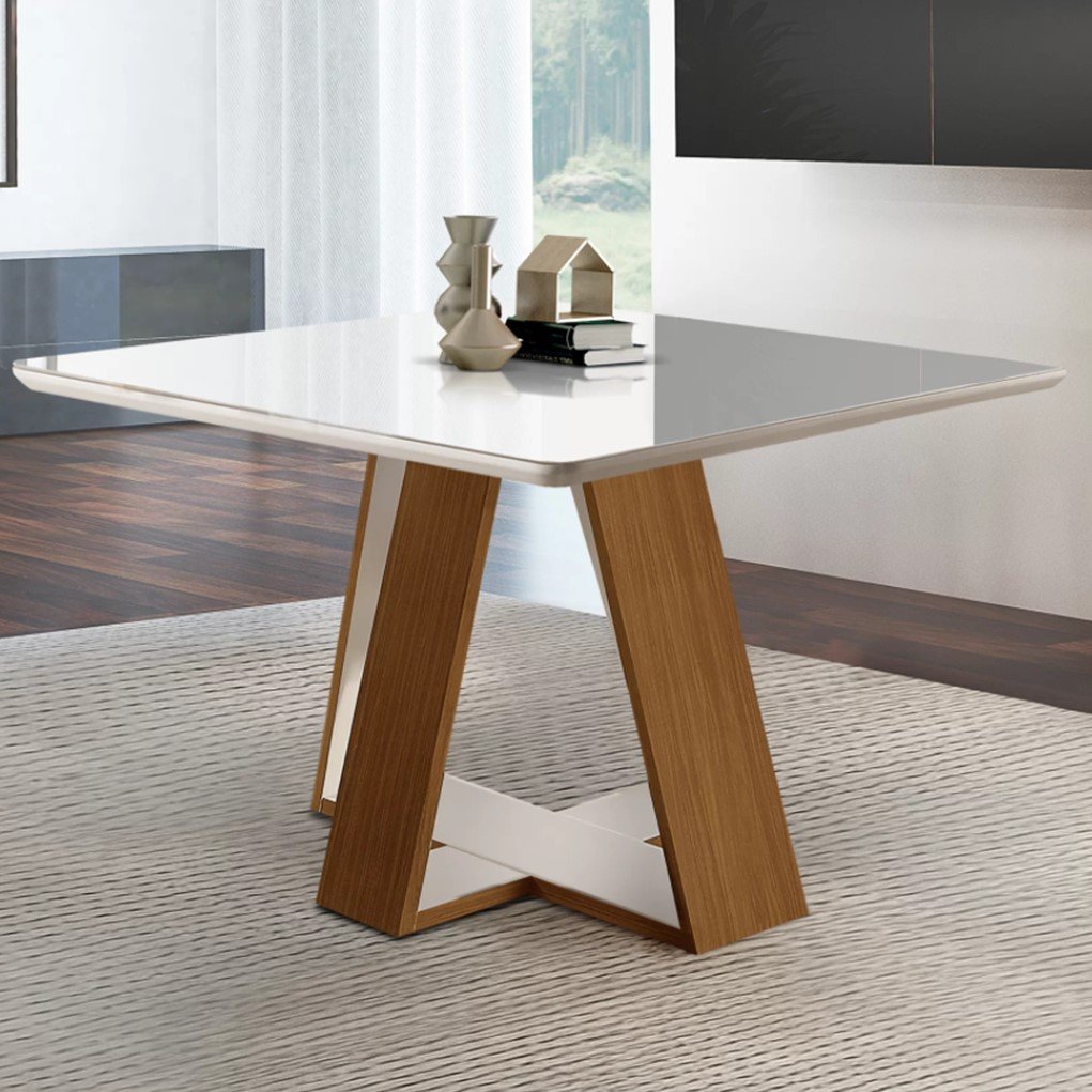 Mesa Quadrada 4 Lugares Tampo Com Vidro Laca Gr cia LJ M veis Castanho