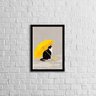 Quadro Decorativo Gato com Sombrinha Amarela 45x34cm - com vidro:Madeira preta - 1