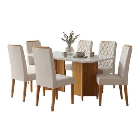 Conjunto Sala de Jantar Mesa 1,60m com Vidro Montreal 6 Cadeiras Bele