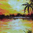 Ver imagem 1 de Quadro Paisagem por do sol coqueino pintado a mão Arte Quadro