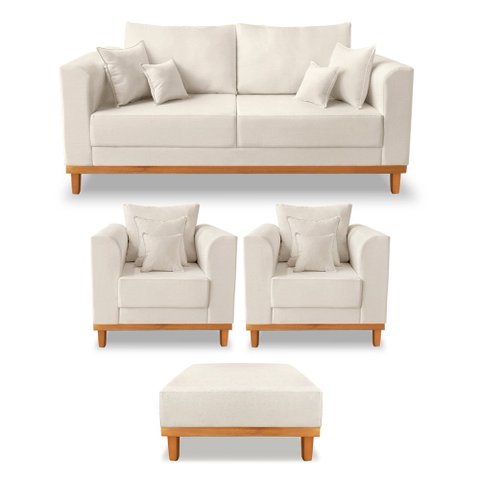 Kit Sofá 3 Lugares e 2 Poltronas Beny + Puff Isa com Base de Madeira Linho Bege