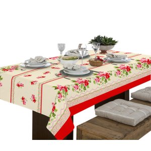Toalha de Mesa Linhão 8 Lugares Retangular Floral Vermelha