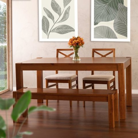 Conjunto Primavera Mesa de Jantar Madeira Maciça com 2 Cadeiras e 1 Banco CabeCasa MadeiraOriginals