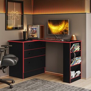 Mesa Gamer Giratória com Cômoda 3 Gavetas Preto/vermelho - Qmovi
