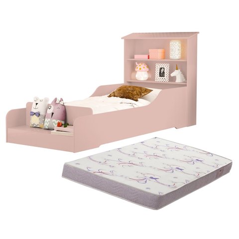 Mini Cama Infantil Casinha Liz Rosa com Nichos e Grade de Proteção Lateral + Colchão