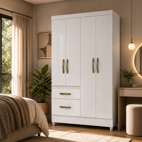 Guarda-Roupa Solteiro 4 Portas 2 Gavetas Madri Branco Moval