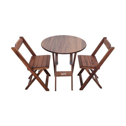 Mesa Dobrável de Madeira Redonda 70cm com 2 Cadeiras Imbuia - Cor: Marrom