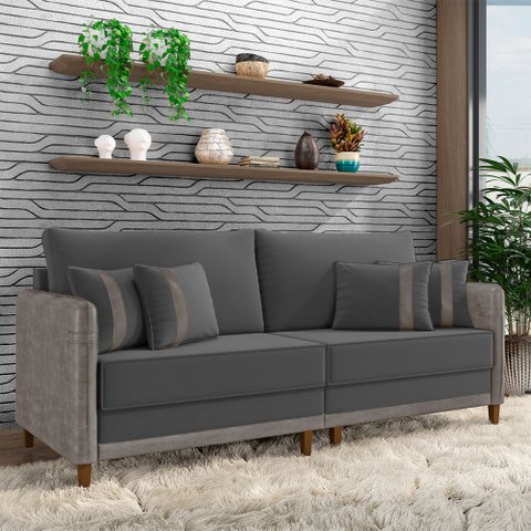 Sofá Montecarlo 3 Lugares 232cm Veludo/pu Grafite/cinza