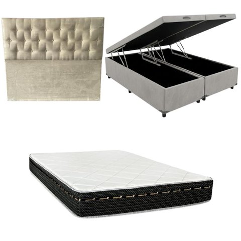 Cama Box Baú Bipartida Blindada + Colchão Eagle Molas Bonnel 22cm | Kit Completo com Cabeceira Boton
