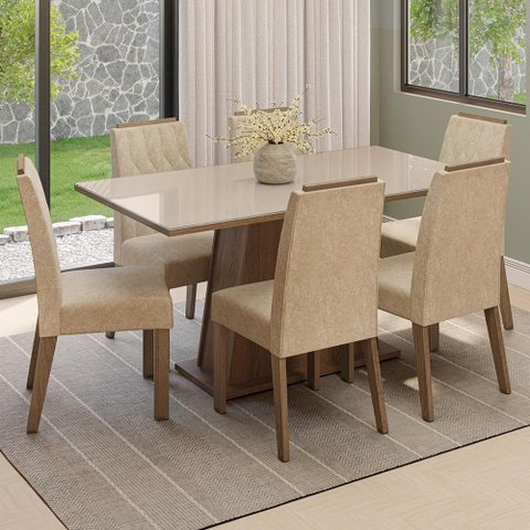 Conjunto Sala de Jantar Tampo de Vidro 6 Cadeiras Rustic/Crema/Imperial Peônia Madesa