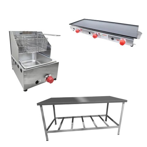 Kit Lanchonete Mesa de Manipulação 190x70cm + Fritadeira a Gás 1 Cuba + Chapa a Gás 90cm
