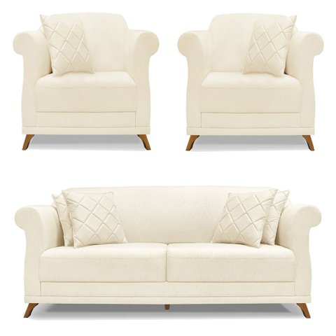 Kit 2 Poltronas e Sofá Living 2 Lugares 1,80m Vênus Linho Bege Pés Castanho - Pallazio