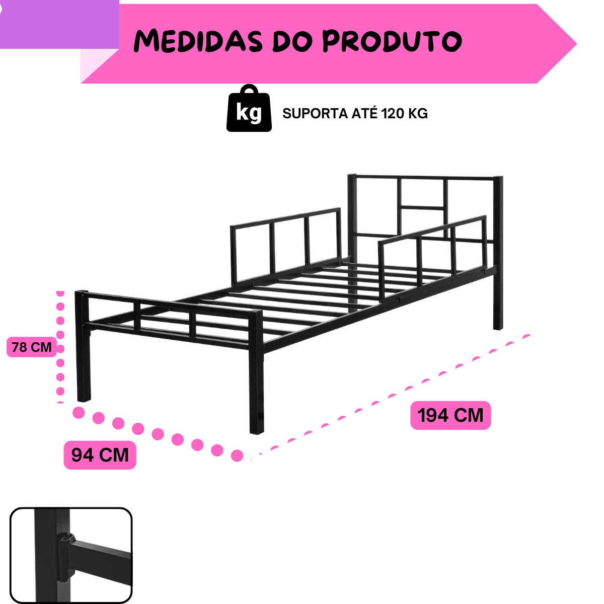 Cama Solteiro em Aço Tubular Grade de Segurança Integrada:preto - 4