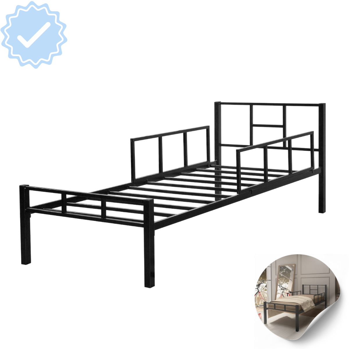 Cama Solteiro em Aço Tubular Grade de Segurança Integrada:preto