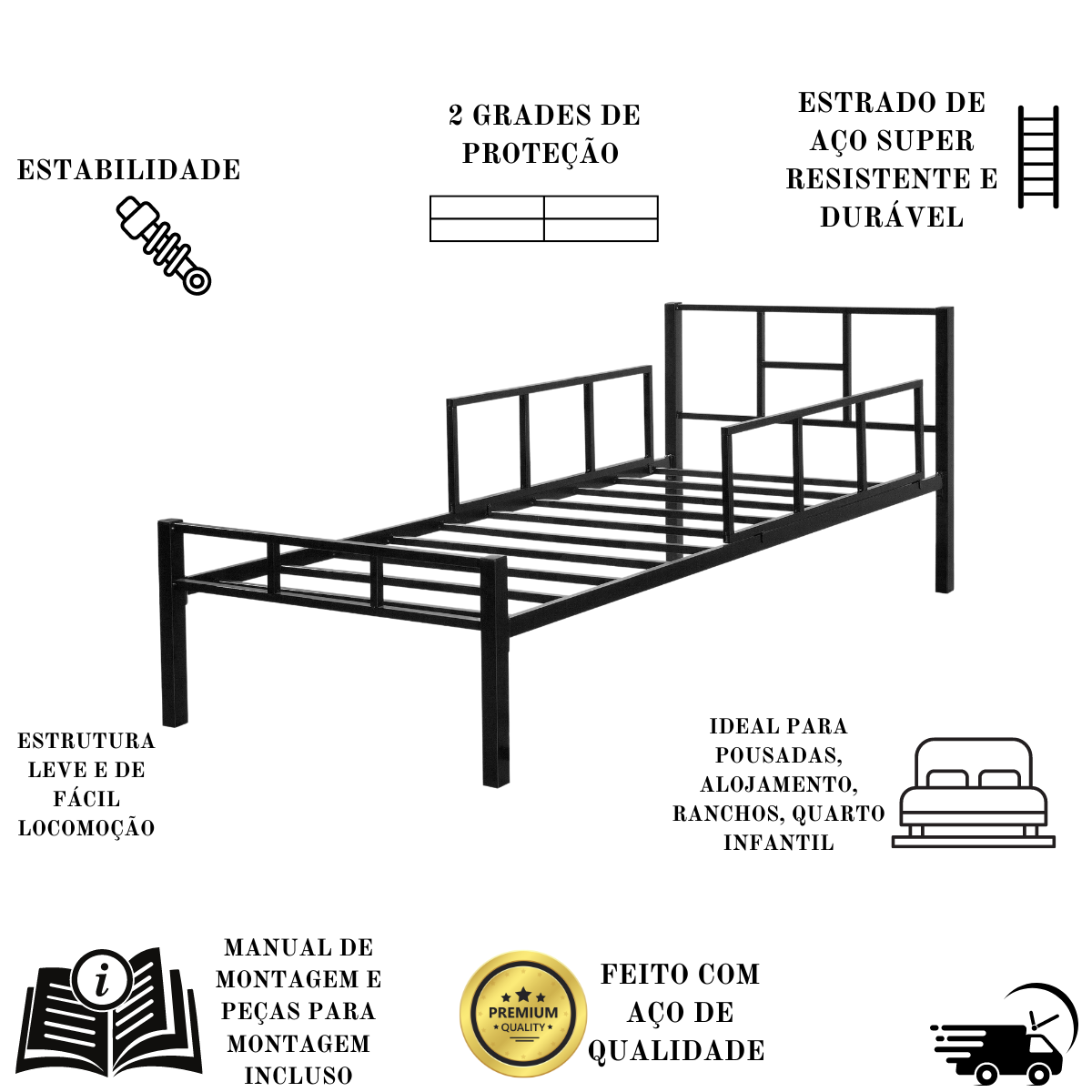 Cama Solteiro em Aço Tubular Grade de Segurança Integrada:preto - 3